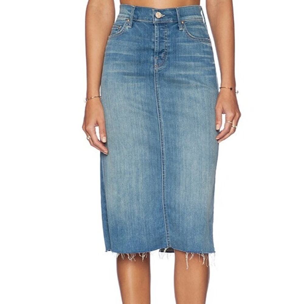Mother Easy A Welcome to Paradise Button Fly Denim Midi Skirt‎